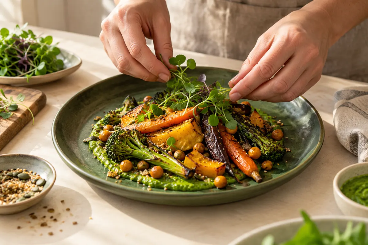 Chef plating a plant-based dish