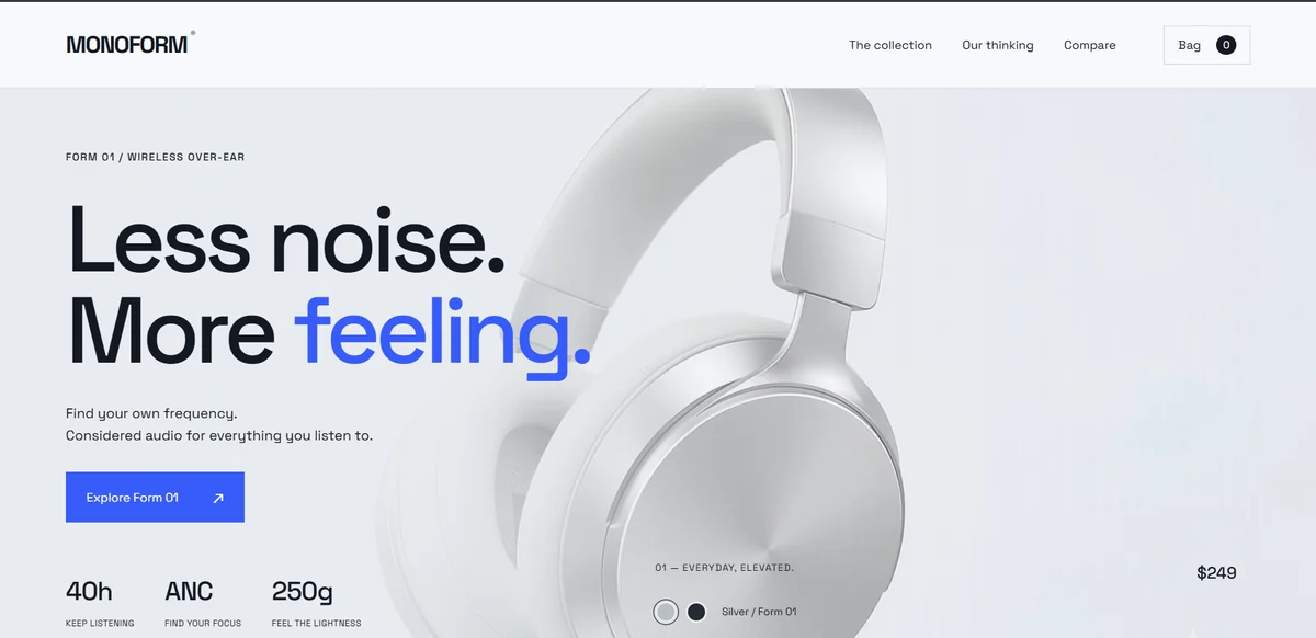 MONOFORM audio shop with silver headphones and bold blue and charcoal typography