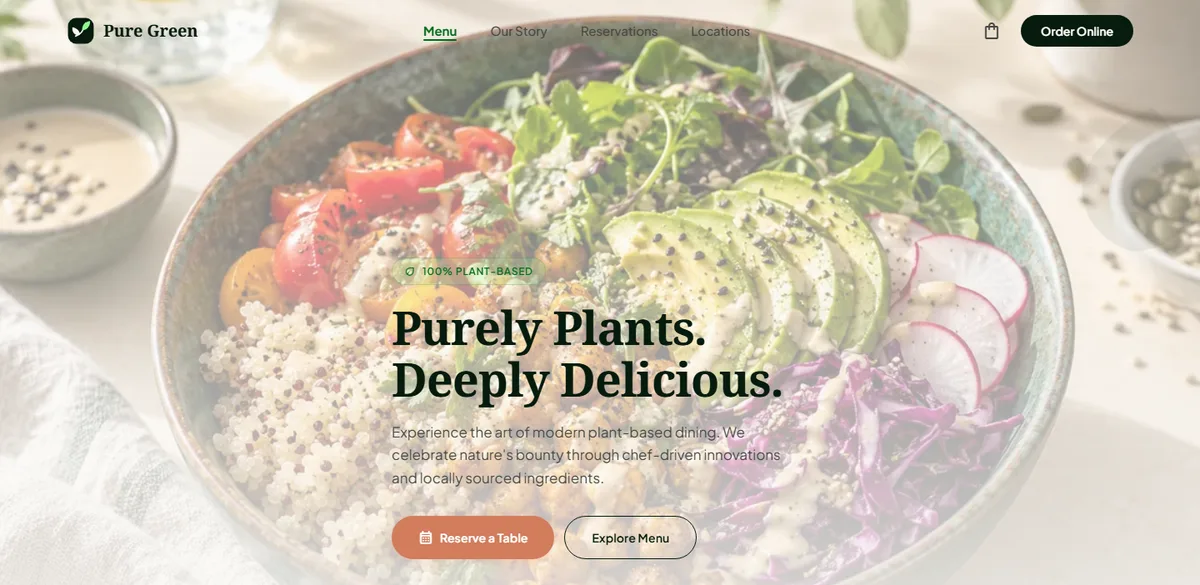 Pure Green restaurant website with green typography, yellow background and colourful food