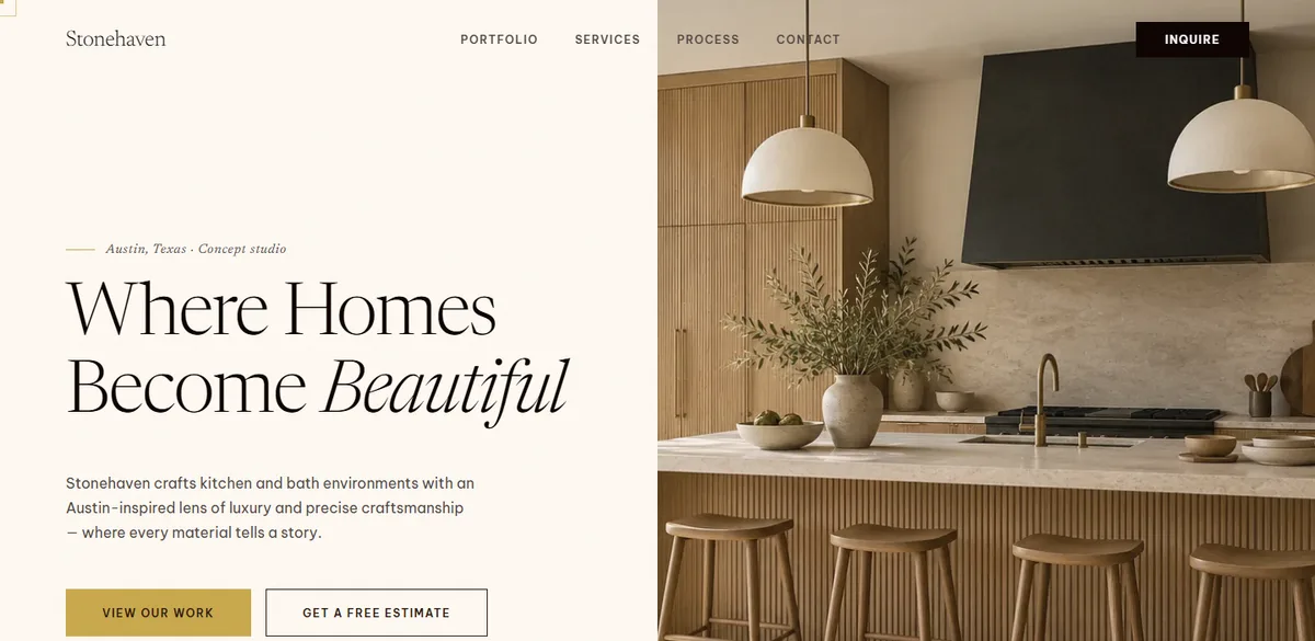 Stonehaven website with an architectural kitchen image and editorial typography