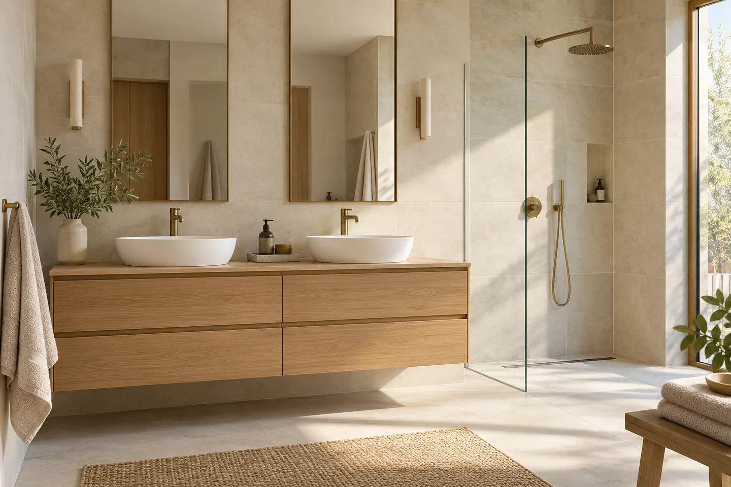 Concept bathroom with an oak vanity and limestone tile