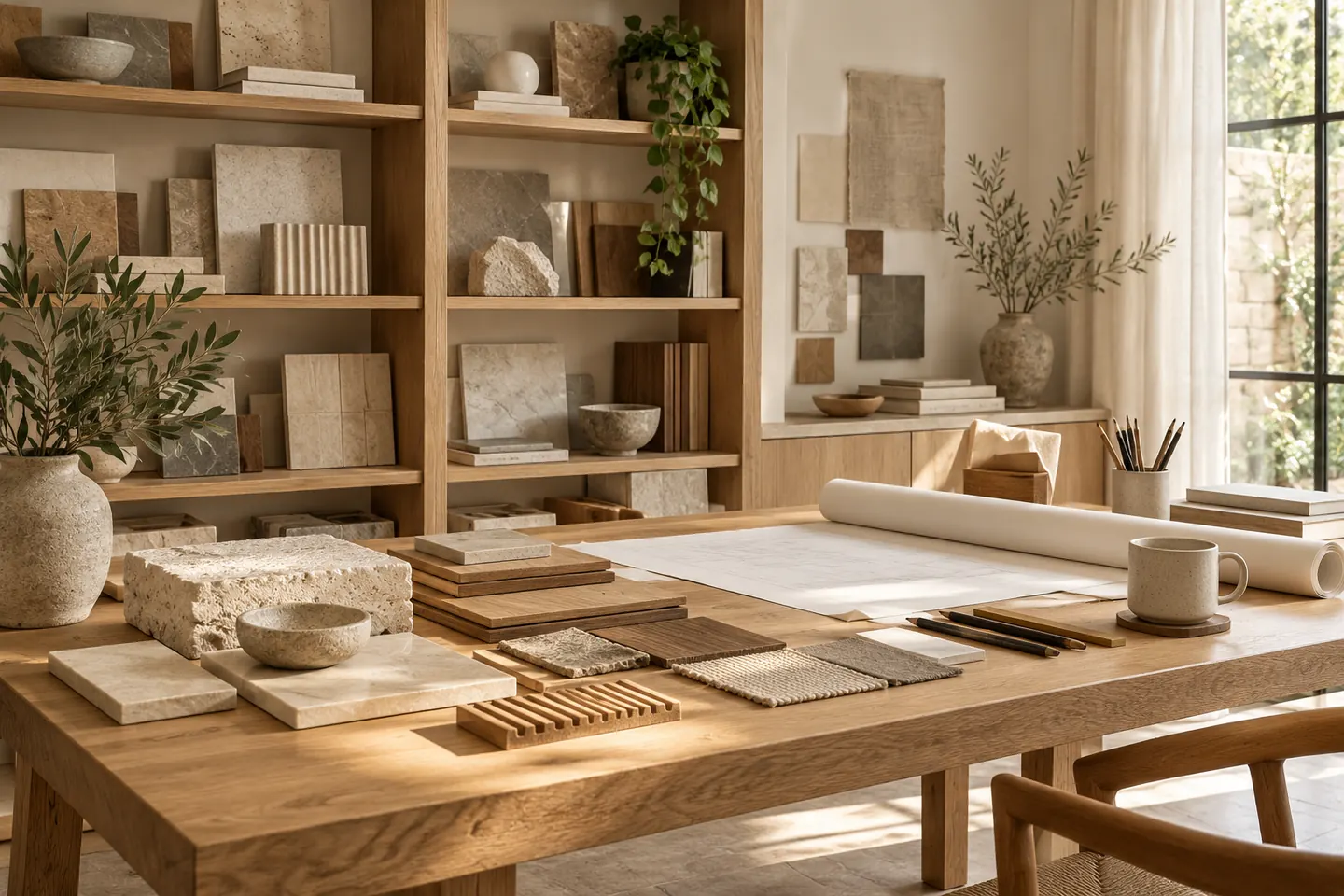 Concept materials studio with wood and stone samples