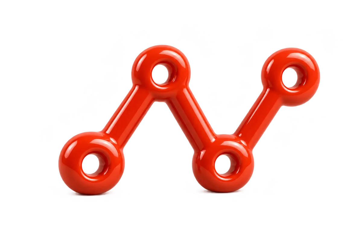 A sculptural red version of the connected Nodeshiftlabs mark